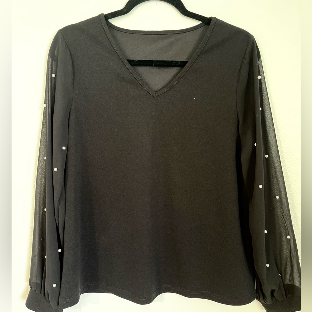 Elegant Black V-Neck Top, Sheer  Sleeves with Pearl Accents